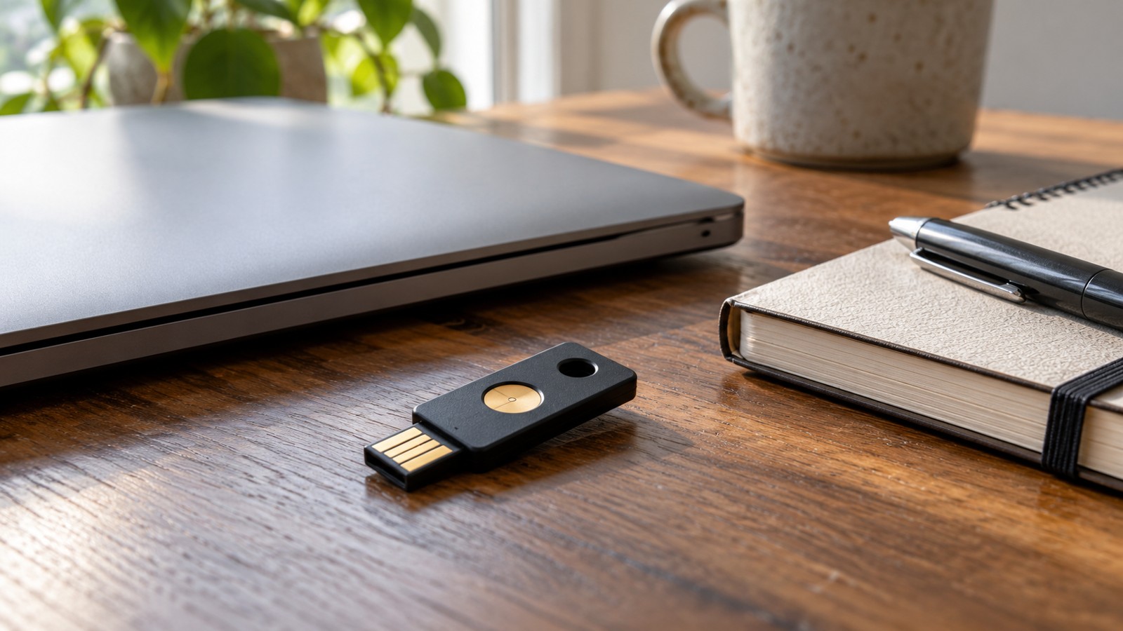 Physical security key beside a closed laptop