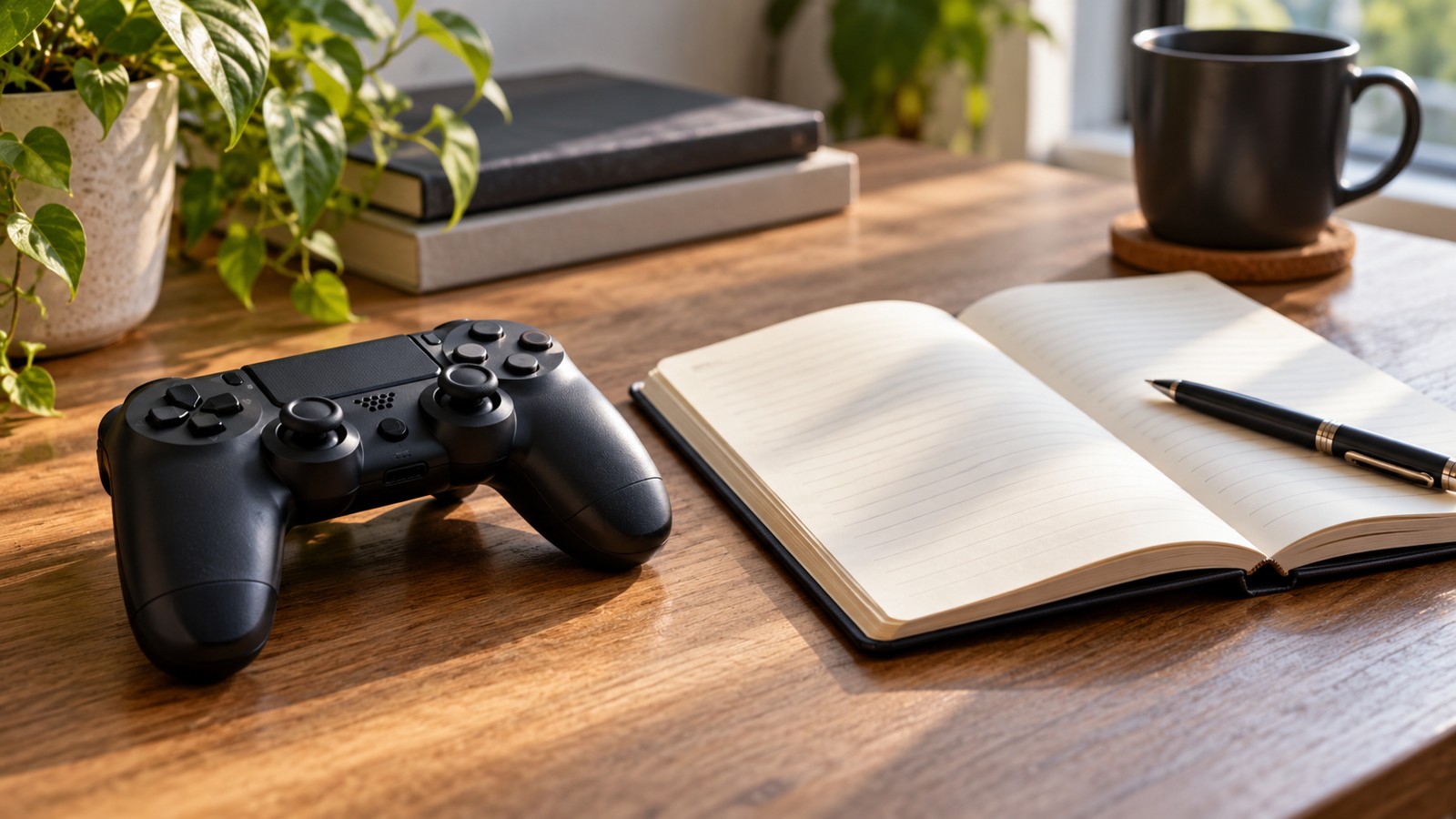 Gaming controller beside a notebook for session notes