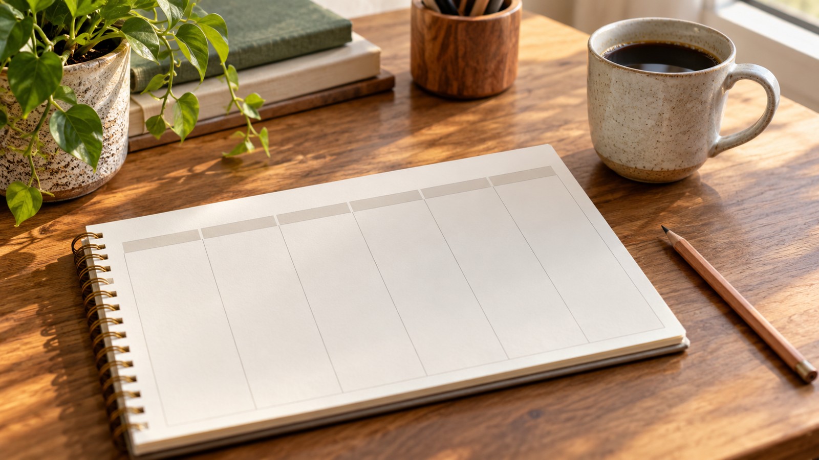 Paper weekly planner with a pencil and mug