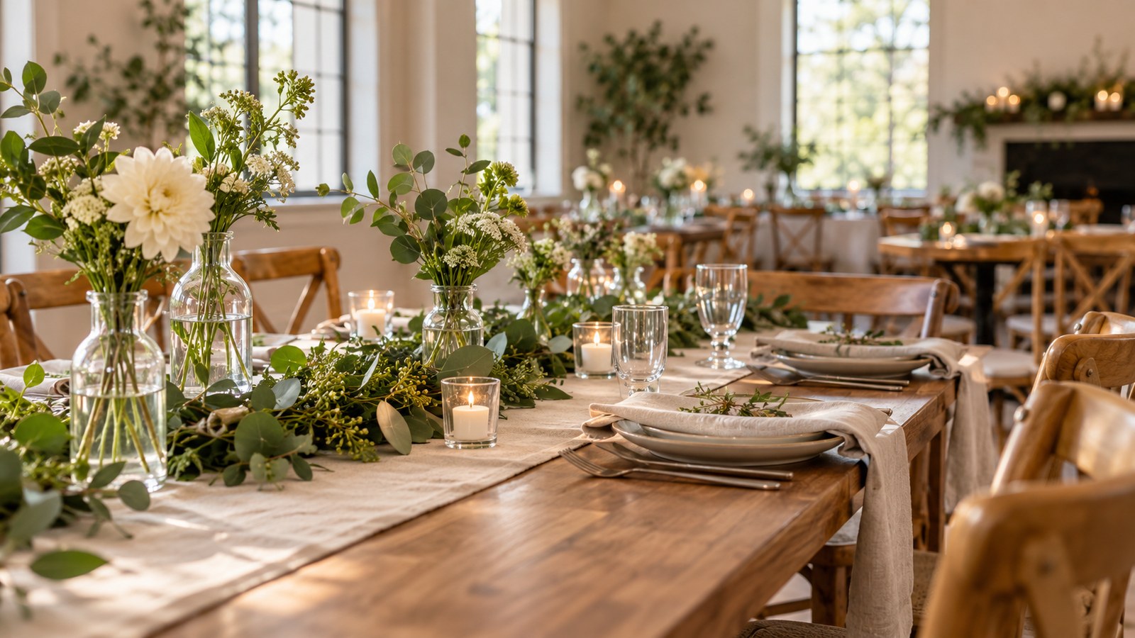 Simple event table with reusable glass vases and greenery