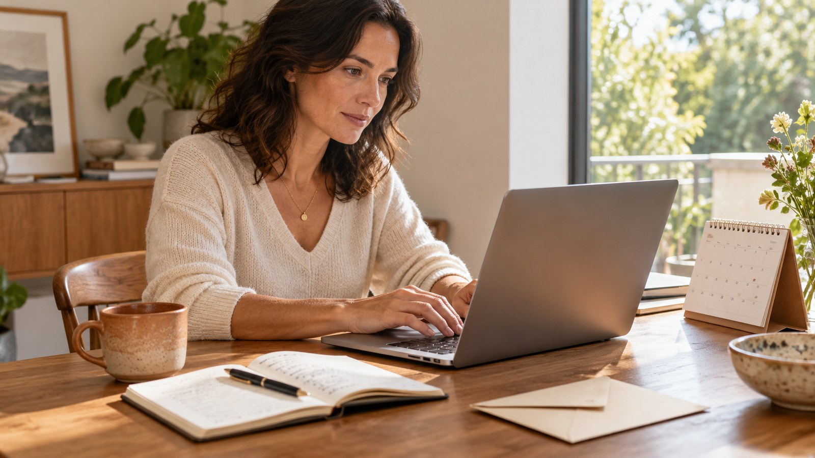 Organiser writing an enquiry at a laptop