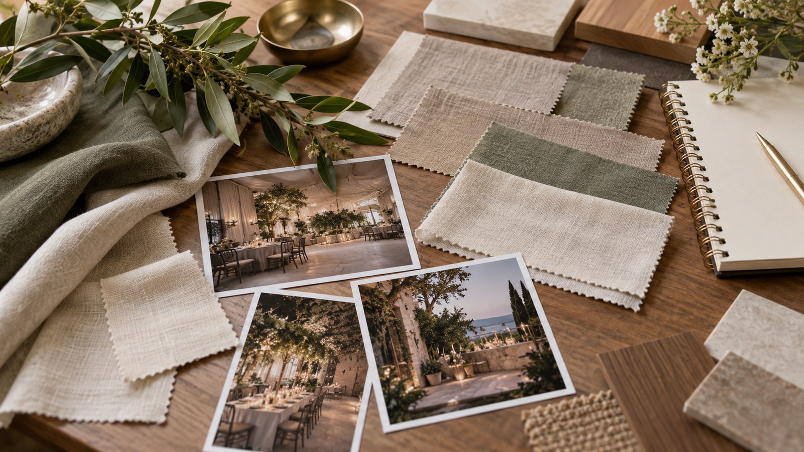 Event design moodboard with fabrics and reference photographs