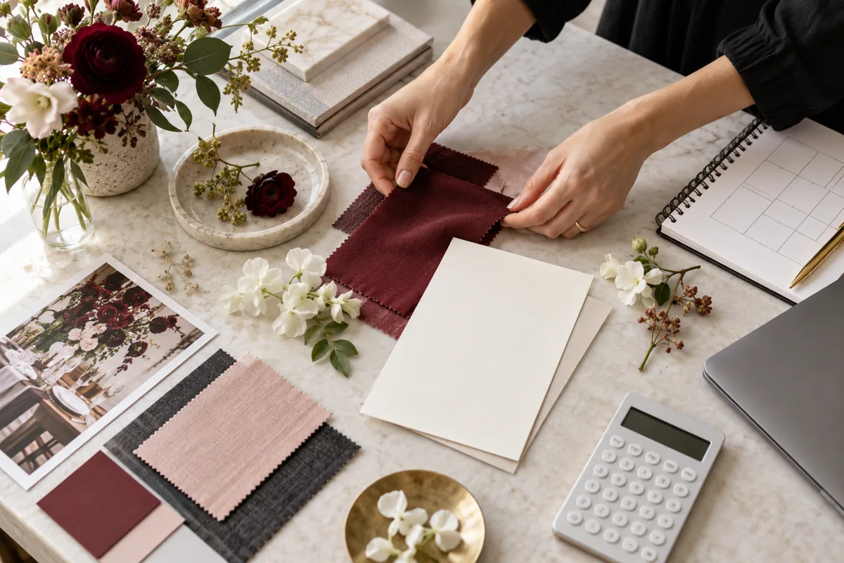 Hands arranging event stationery, burgundy fabric samples and planning materials