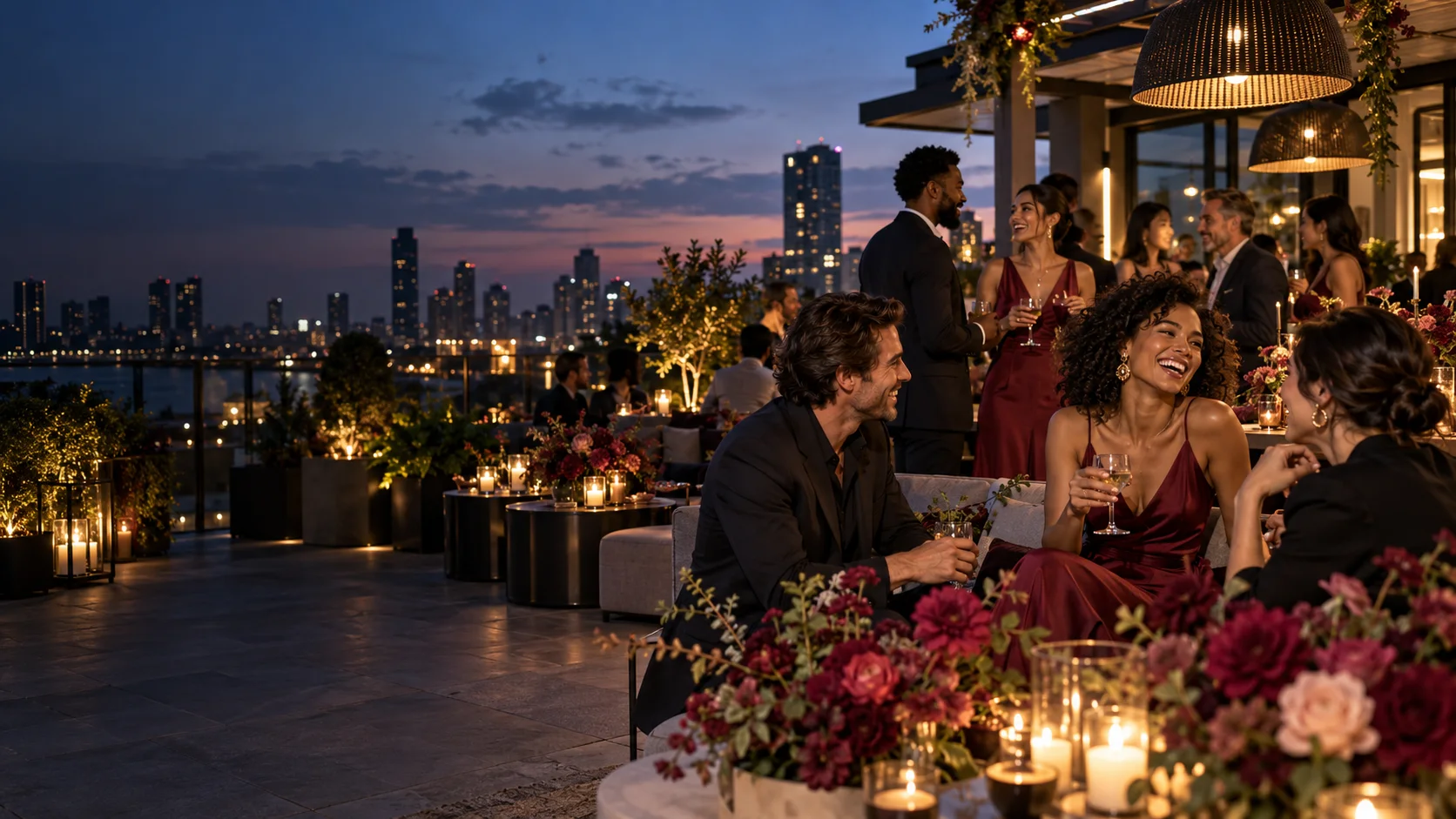 Guests enjoying a rooftop celebration at dusk